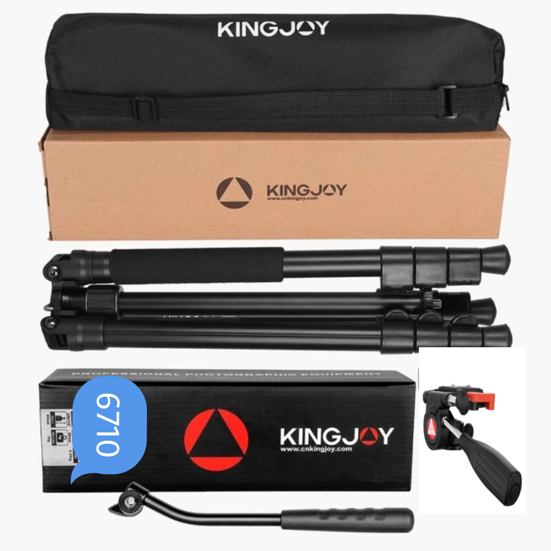 ‏KINGJOY G555 KH-6710  حامل ثلاثي القوائم احترافي بمقبض ورأس متحرك 180درجة هيدروليكي من سبائك الألومنيوم للكاميرا الرقمية والهاتف